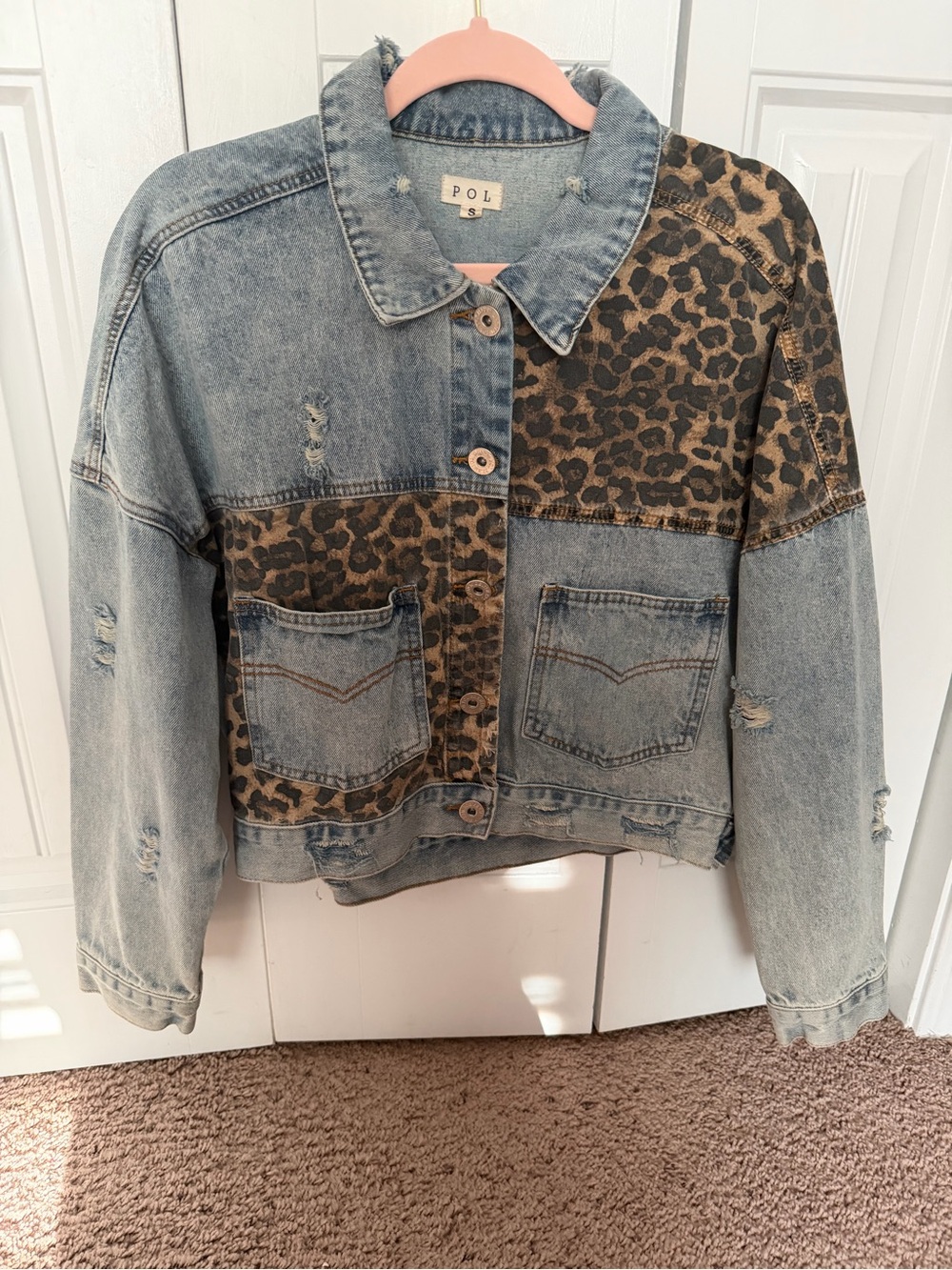 POL Denim Jacket with Leopard Panel - Vintage Light   Blue - Size Small